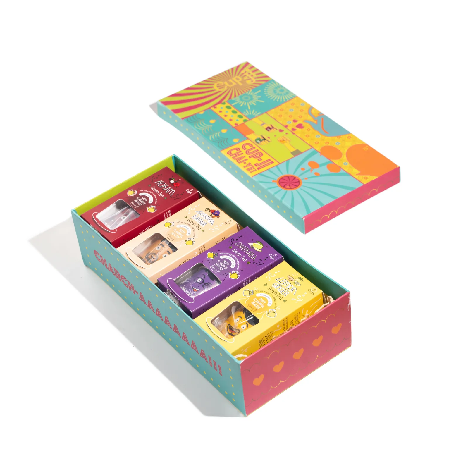 The Chai-ye gift box shown open and closed together at a three-quarter angle on white.