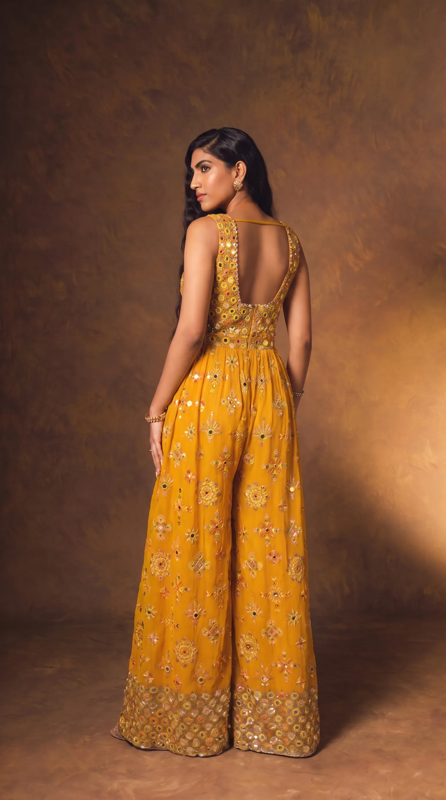 Back view of the mustard mirror-work jumpsuit, arms down, woman looking over her shoulder, the heavier mirror border at the hem visible.