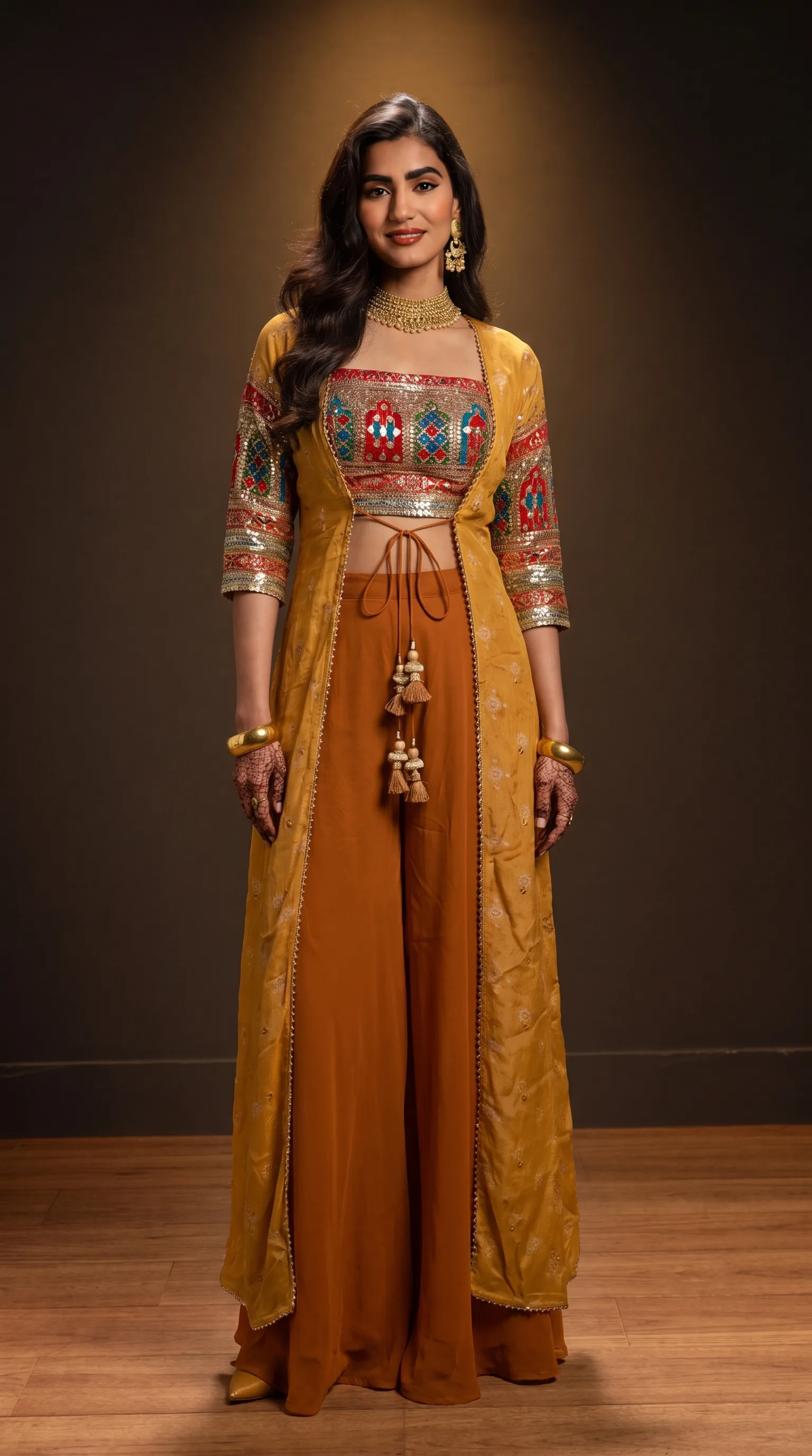 Front view of the same mustard shrug and rust-orange palazzo, woman standing square-on with a direct gaze, tasselled drawstring tie and embroidery colourway visible.