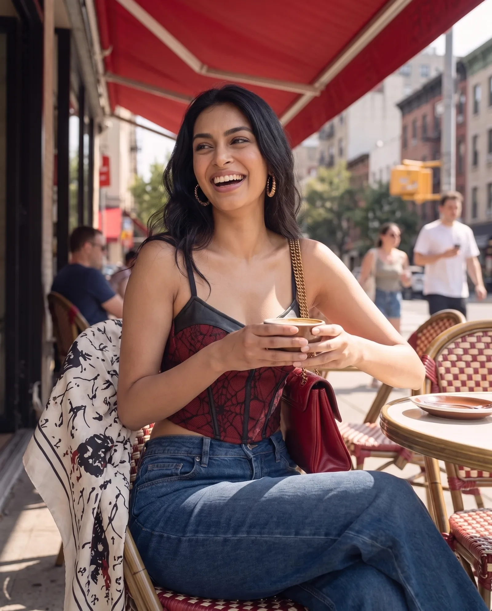 Spiderweb lace bustier at a café table, laughing, holding a cappuccino.