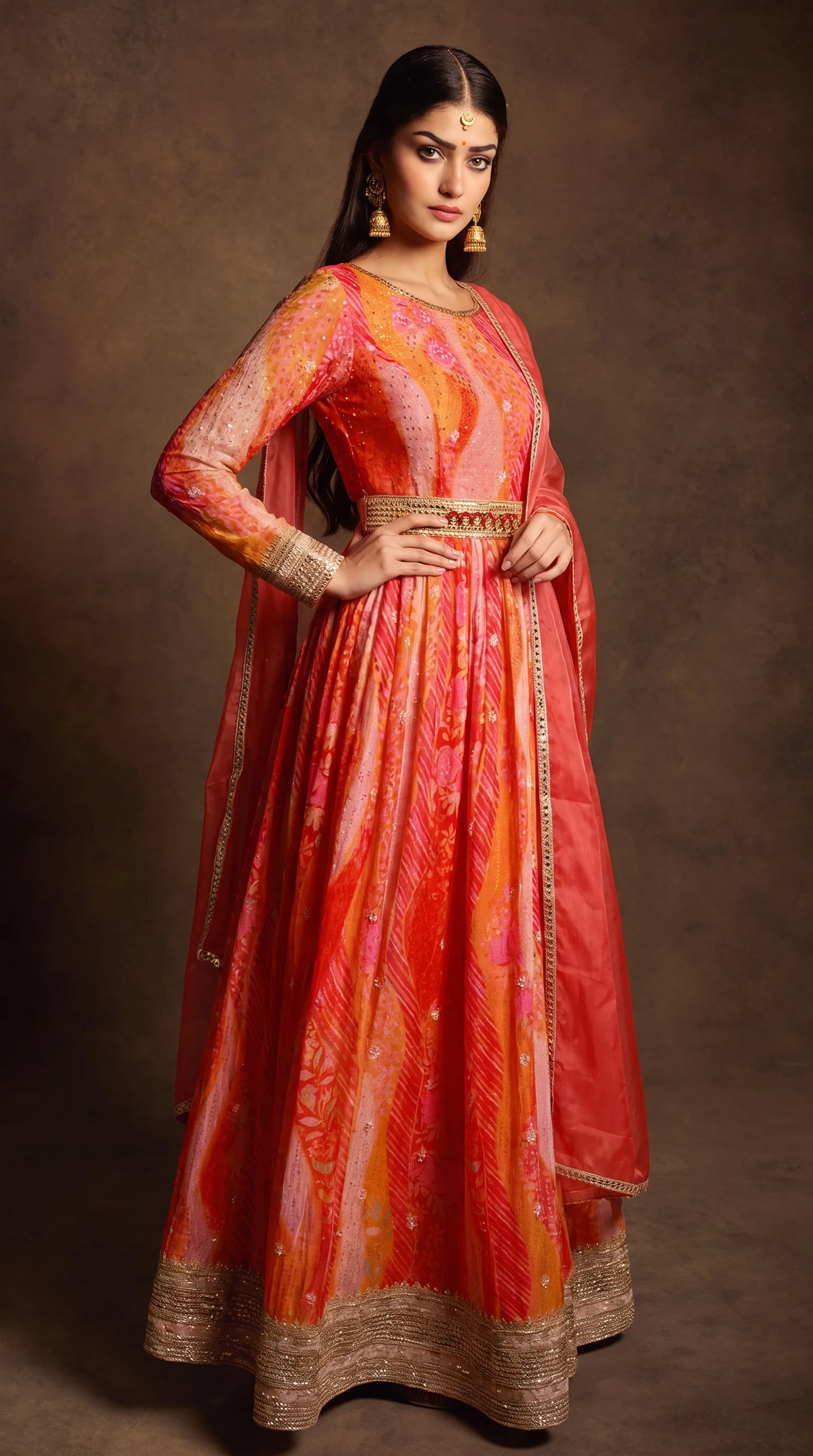 Woman in a floor-length ombre floral-stripe gown with a gold sequin border and an ornate belt, three-quarter stance with one hand at the hip, soft directional key from camera-left against a warm mottled backdrop.