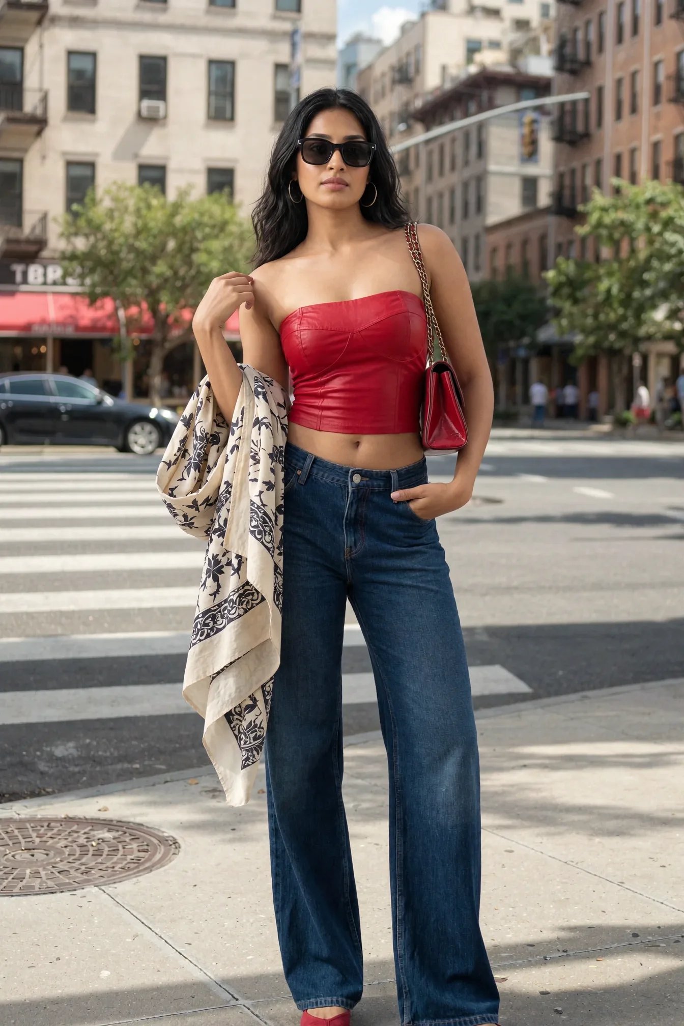 Red leather bustier on a New York crosswalk, scarf over the arm and a chain bag on the shoulder.
