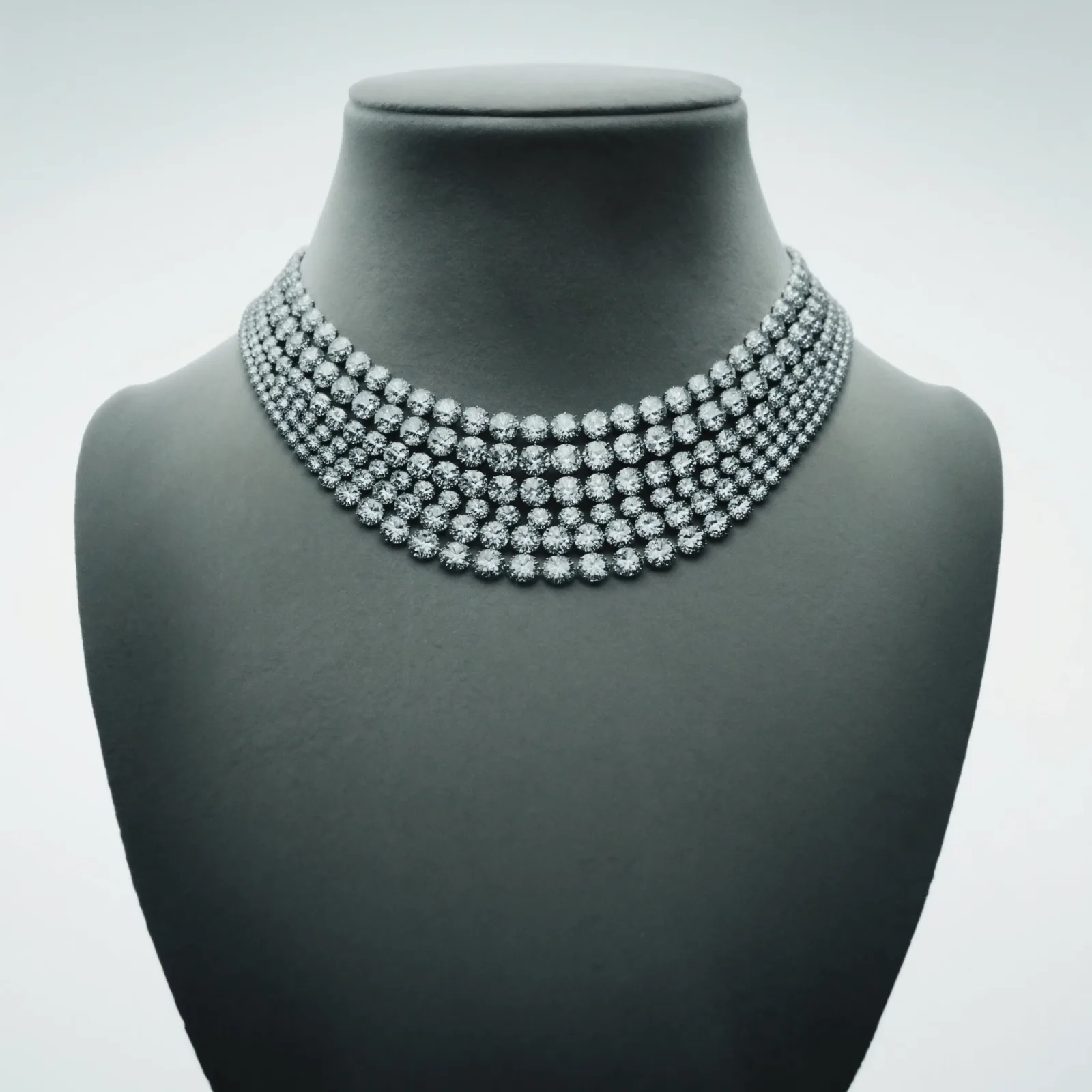 Multi-row diamond collar necklace on a grey display bust, prongs visible along every row.