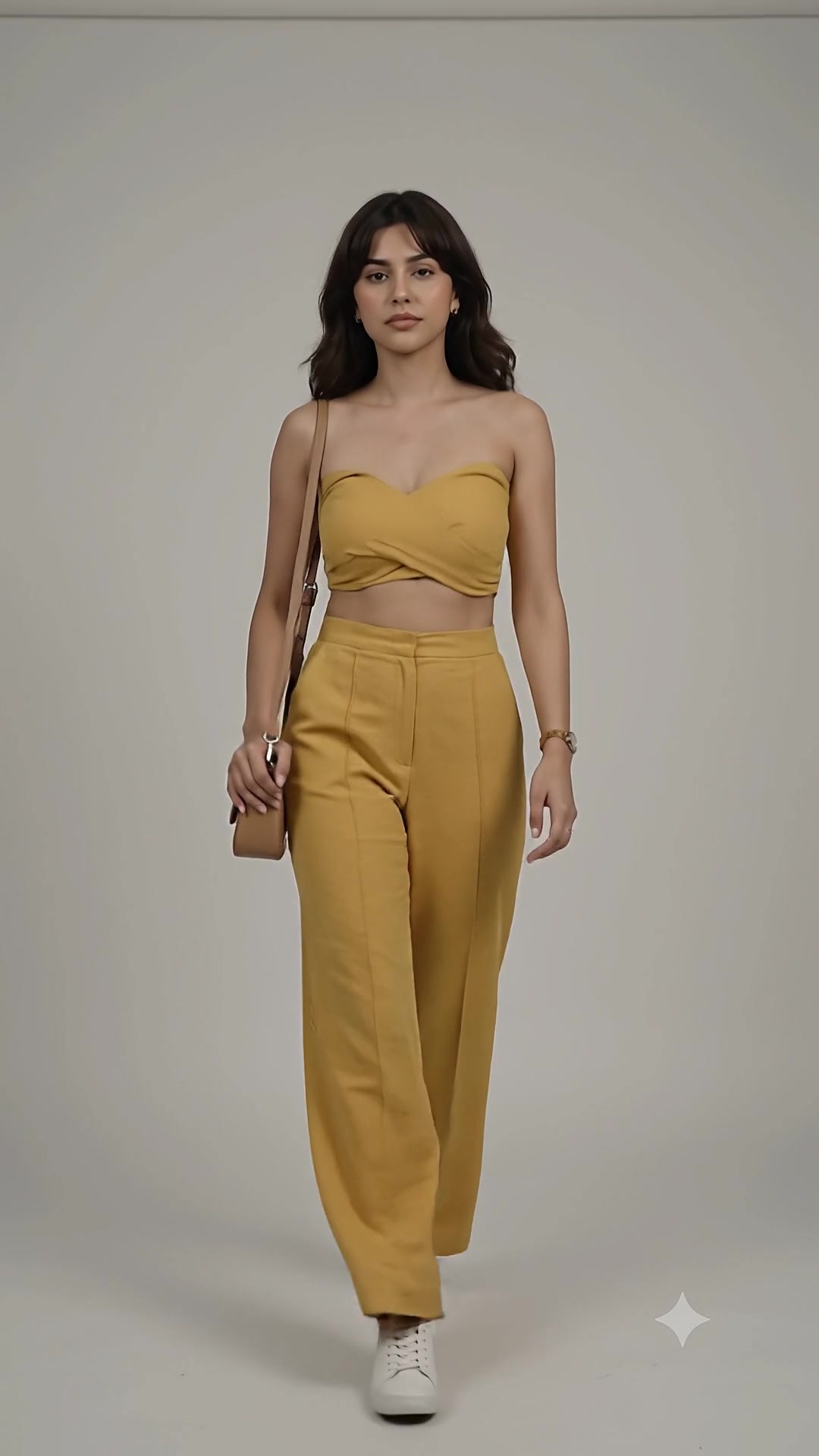 Full-length view of the mustard bandeau top and wide-leg trousers with a tan shoulder bag, against a warm grey studio wall.