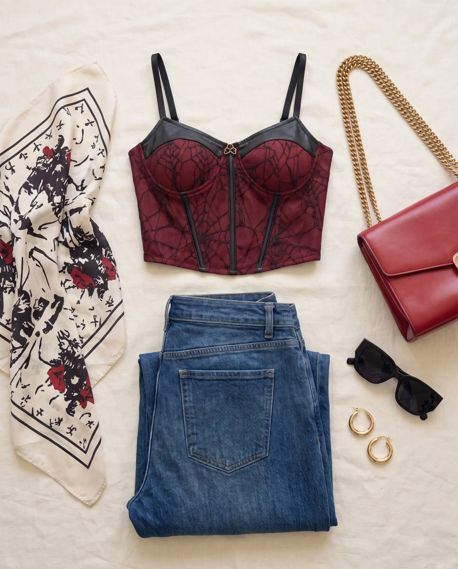 Flat-lay of a full look on linen — lace bustier, folded jeans, scarf, shoulder bag, sunglasses and earrings.