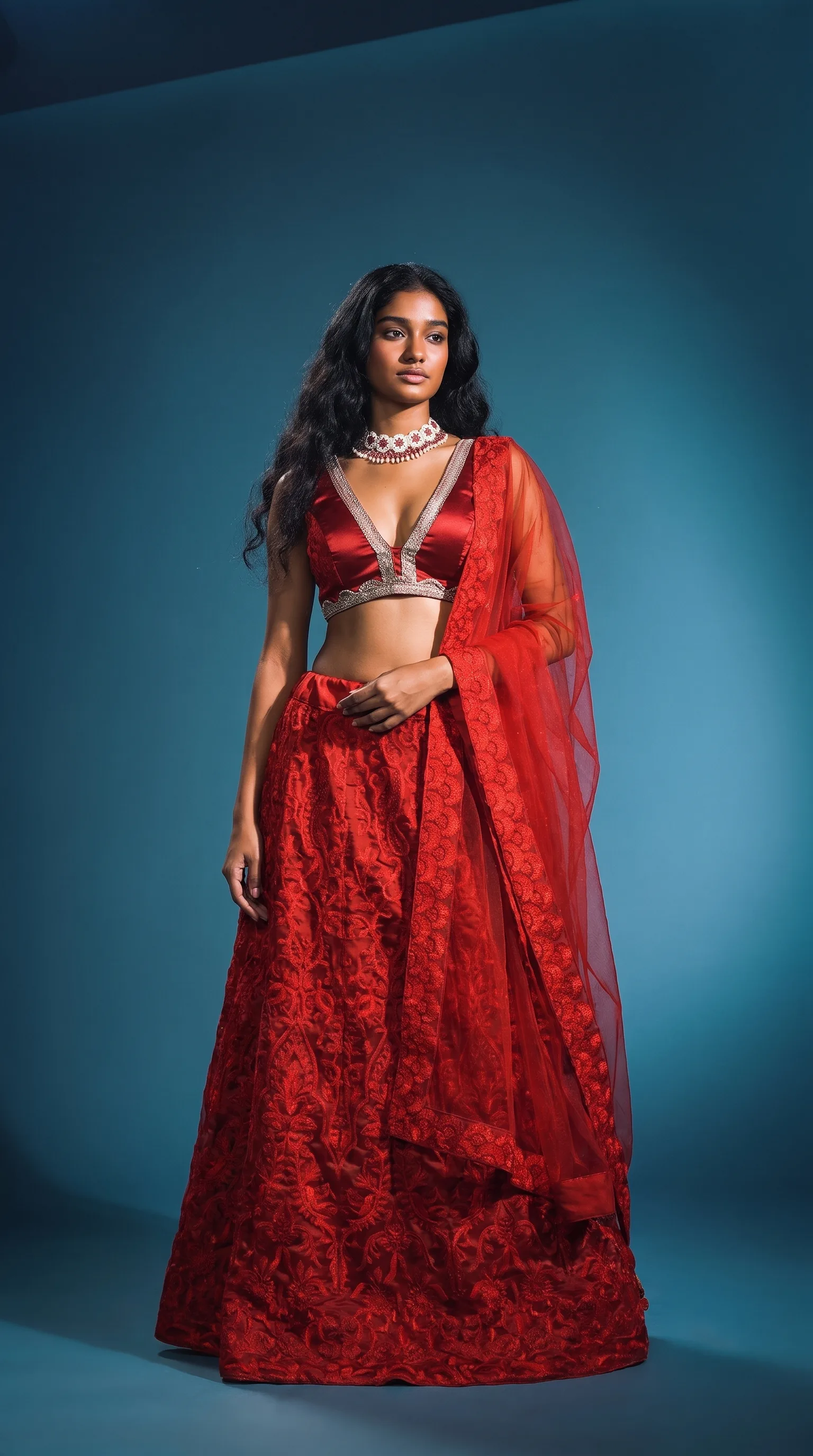 The same red thread-work lehenga shot square-on, woman standing with a direct gaze, embroidered scalloped dupatta border visible, far side of the body in deep shadow.
