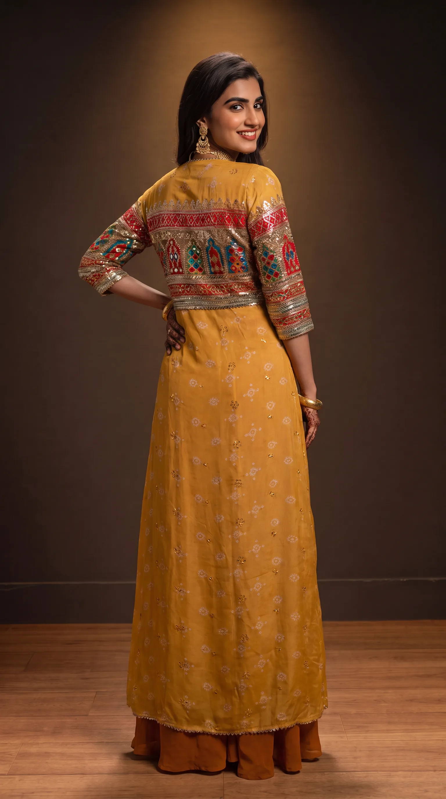Woman in a mustard long shrug with embroidered border panels over a matching blouse and rust-orange palazzo, body turned with a hand on her hip, glancing back over her shoulder under a vignette spotlight.