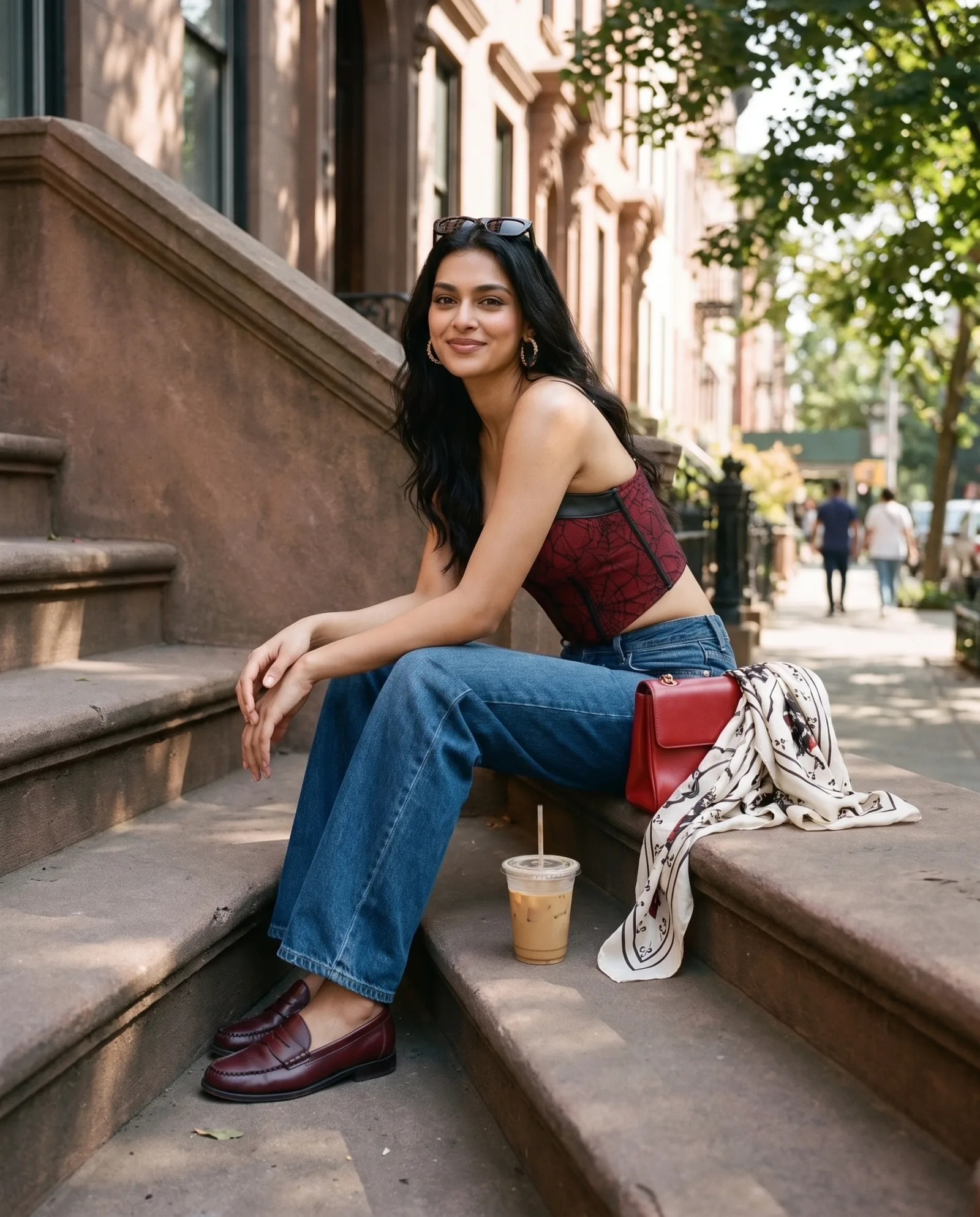 Woman in a red and black spiderweb lace bustier and jeans sitting on a New York stoop with an iced coffee, smiling.
