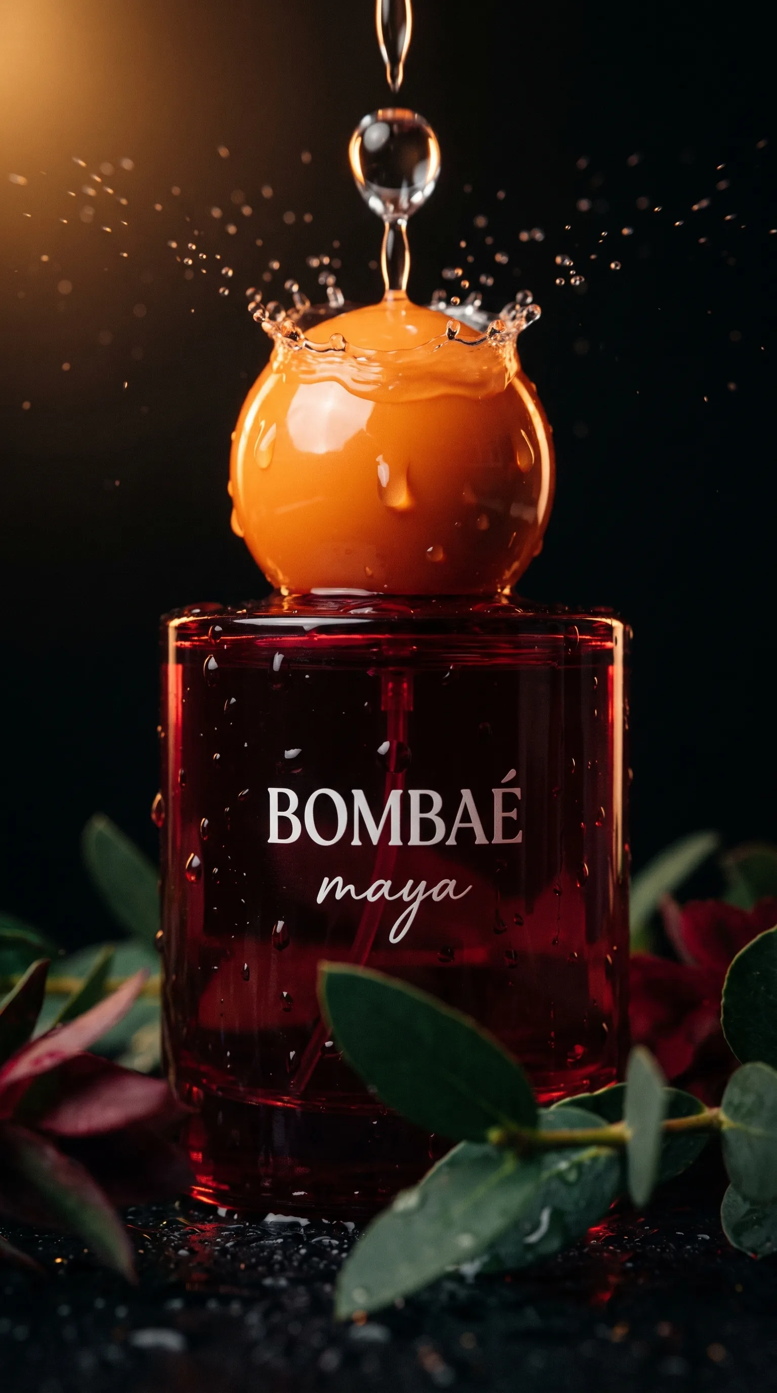 A droplet splashing on top of the Bombae Maya bottle's orange cap, liquid crown and flying droplets caught mid-motion against a dark background.