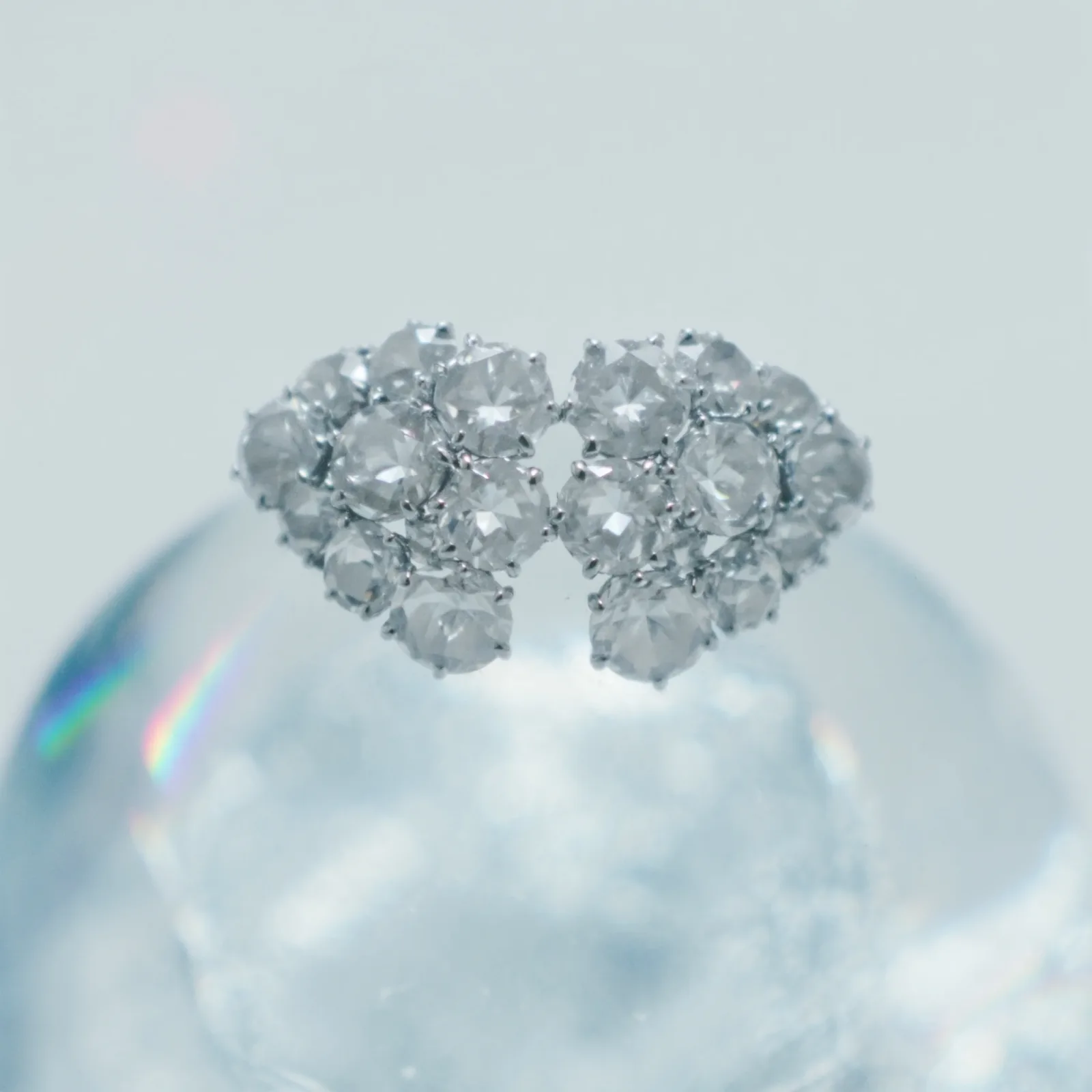 Pair of diamond cluster stud earrings on a clear glass dome, individual prongs visible.