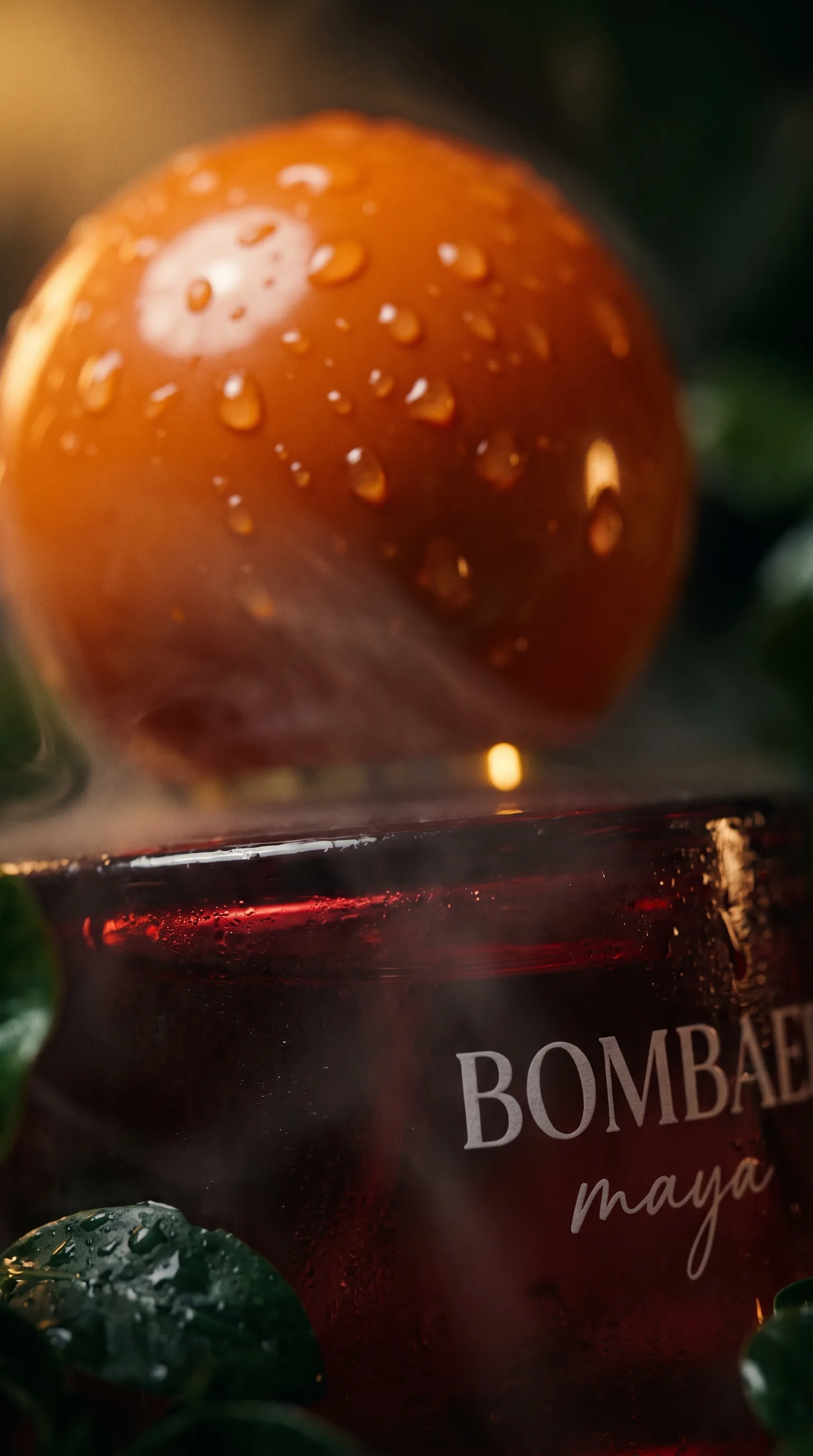 Close-up of the Bombae Maya bottle's round orange cap covered in water droplets, the label soft-focused below it.
