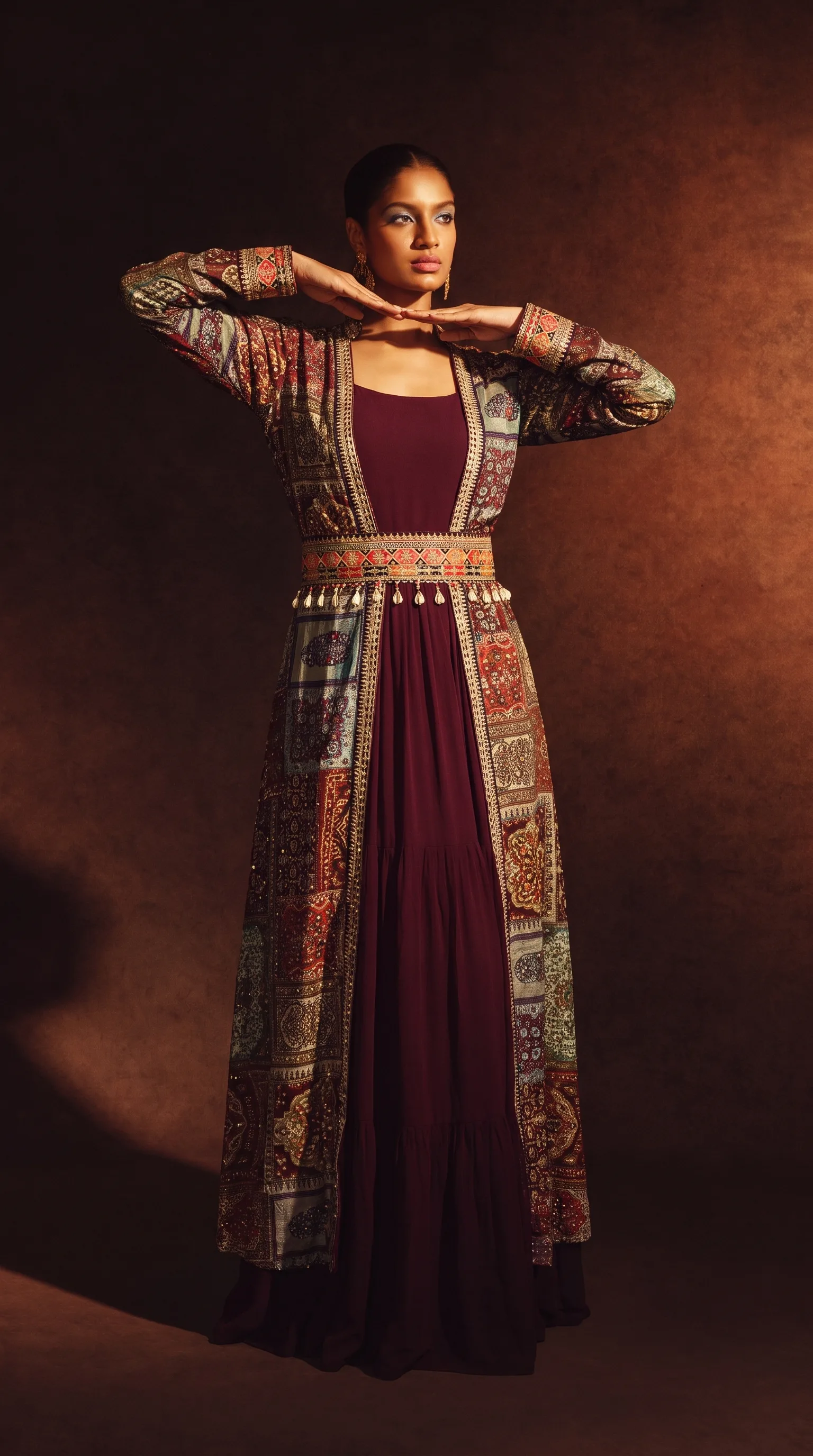 The same gown worn without the shrug or belt, woman standing with her hands at her chin against a warm gradient backdrop with dark corners.