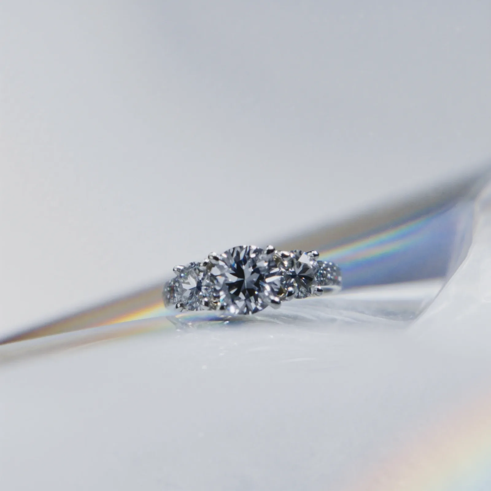 Three-stone diamond ring on a pale background, prongs and shank clearly visible.